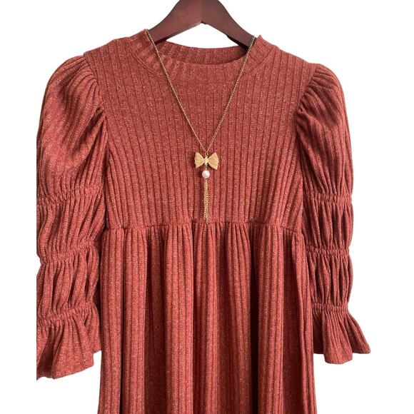 Bonnie Jean Girls Sweater Dress 12 Rust Metallic Thread Matching Necklace Tiered - Picture 4 of 10